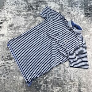 Greyson Men Medium Blue White Striped Golf Polo Performance Spandex Wolf Logo
